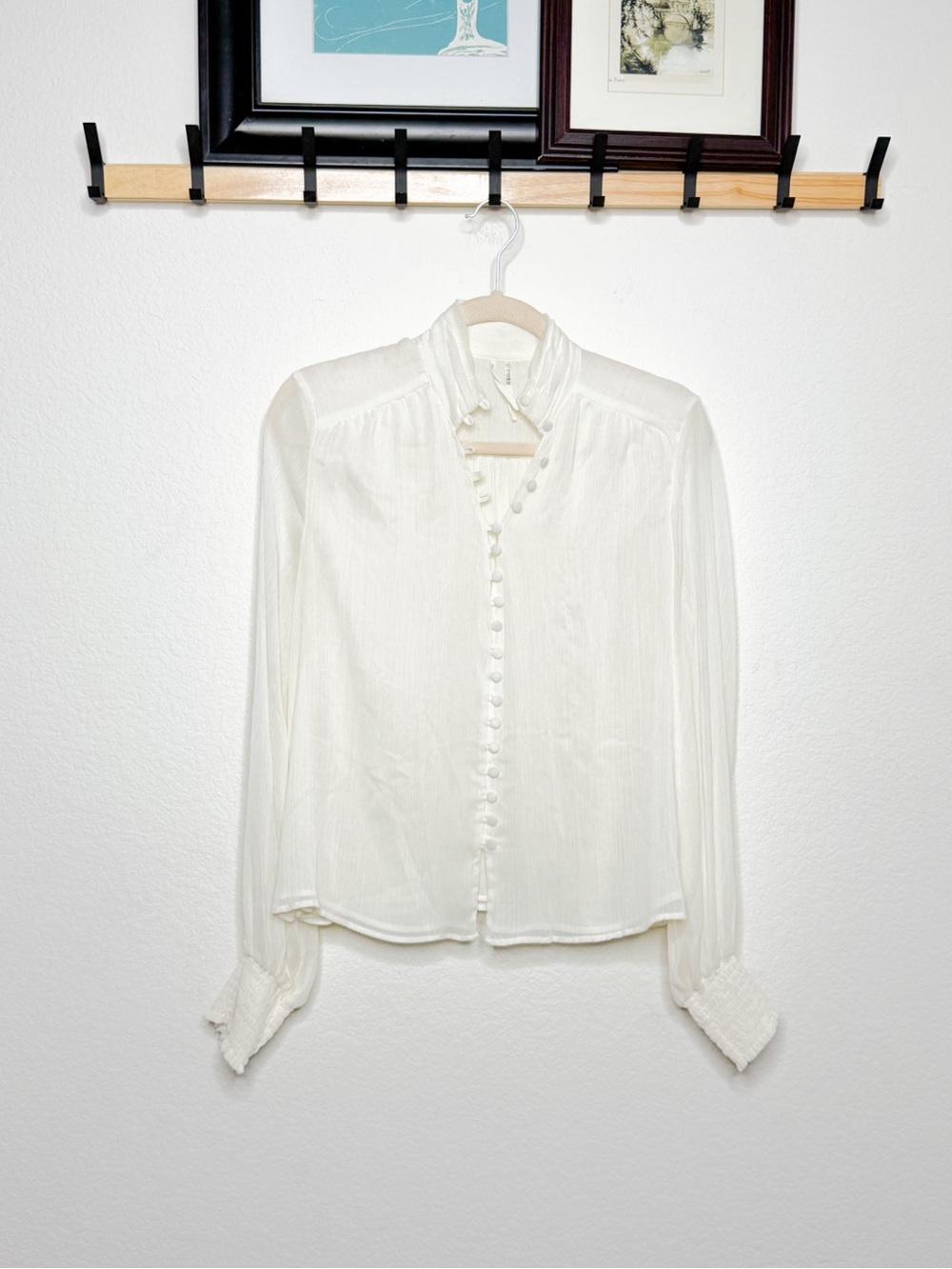 Anthropologie Ivory Victorian Semi Sheer Long Sleeve Front Button Blouse Size 12